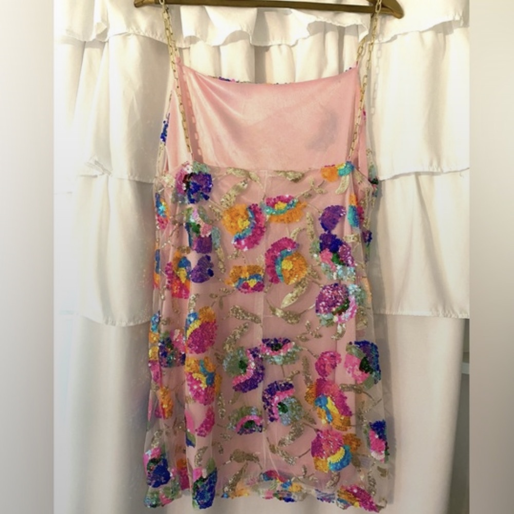 Sequin Floral Pink Slip Dress with Chain Straps - Picture 2 of 2